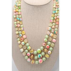 Vintage Japan 3 Strand Art Glass Bead Necklace Pastel Gold Tone 21”
